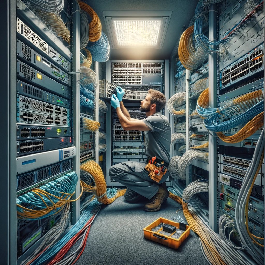 DALL·E 2024-03-06 23.02.32 - Create a picture of a technician installing a network switch inside a telecommunications (telco) closet. Visualize a compact, organized space filled w